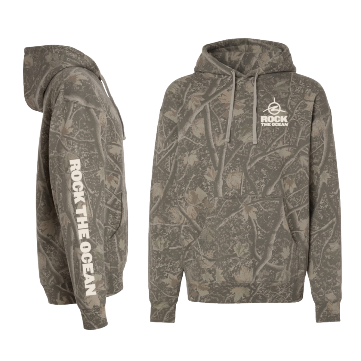 Camouflage hoodie with 'Rock the Ocean' logo on a white background